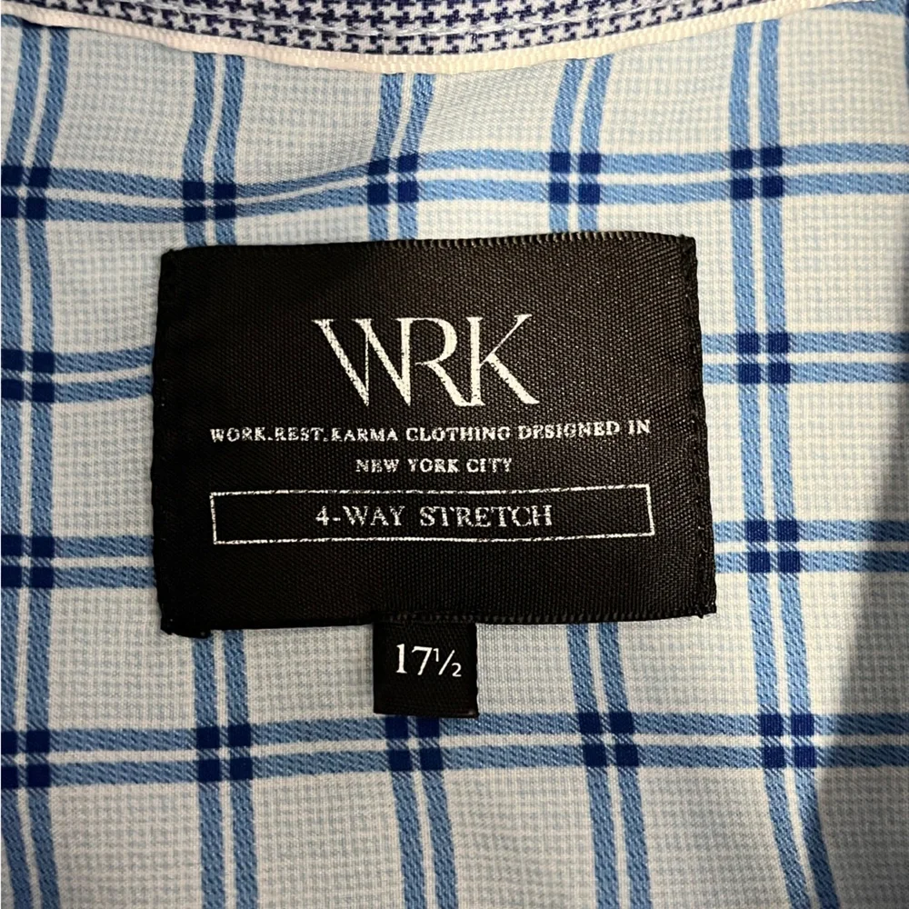 WRK Wrinkle Free Men's Blue Checkered Button Up Shirt sz 17.5